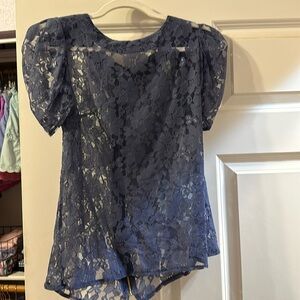 Topshop Periwinkle Blue Floral Lace Sheer SS Top 6